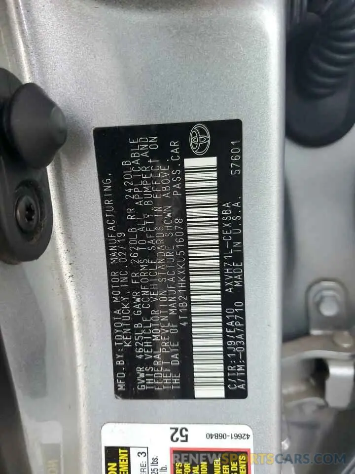 13 fotografías del automóvil dañado 4T1B21HKXKU516078 TOYOTA CAMRY 2019