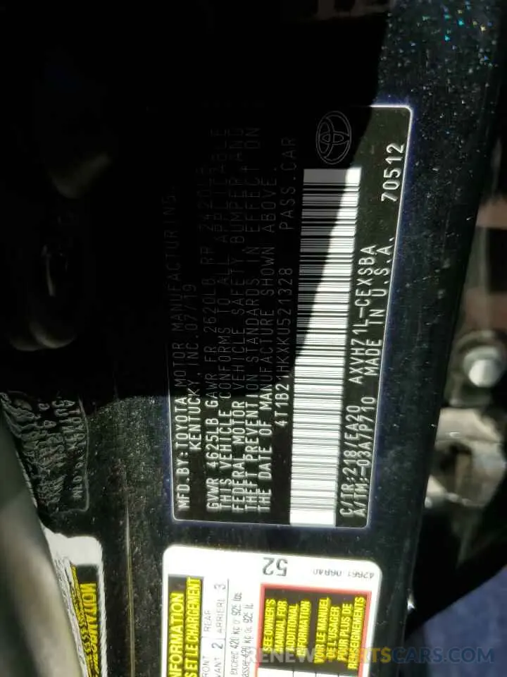 12 fotografías del automóvil dañado 4T1B21HKXKU521328 TOYOTA CAMRY 2019
