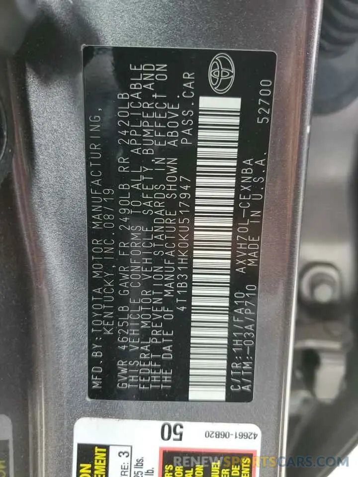 12 fotografías del automóvil dañado 4T1B31HK0KU517947 TOYOTA CAMRY 2019