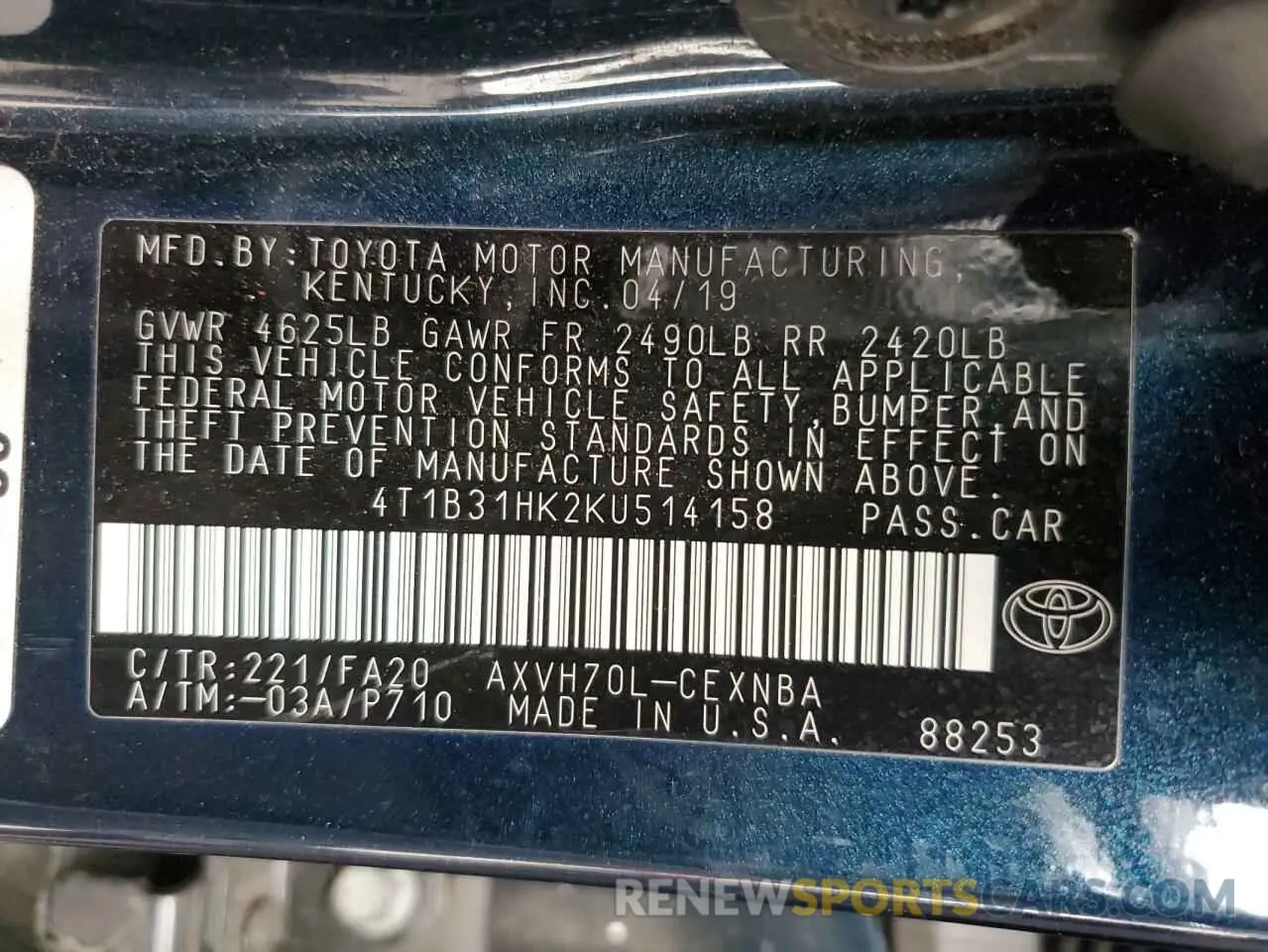 14 fotografías del automóvil dañado 4T1B31HK2KU514158 TOYOTA CAMRY 2019