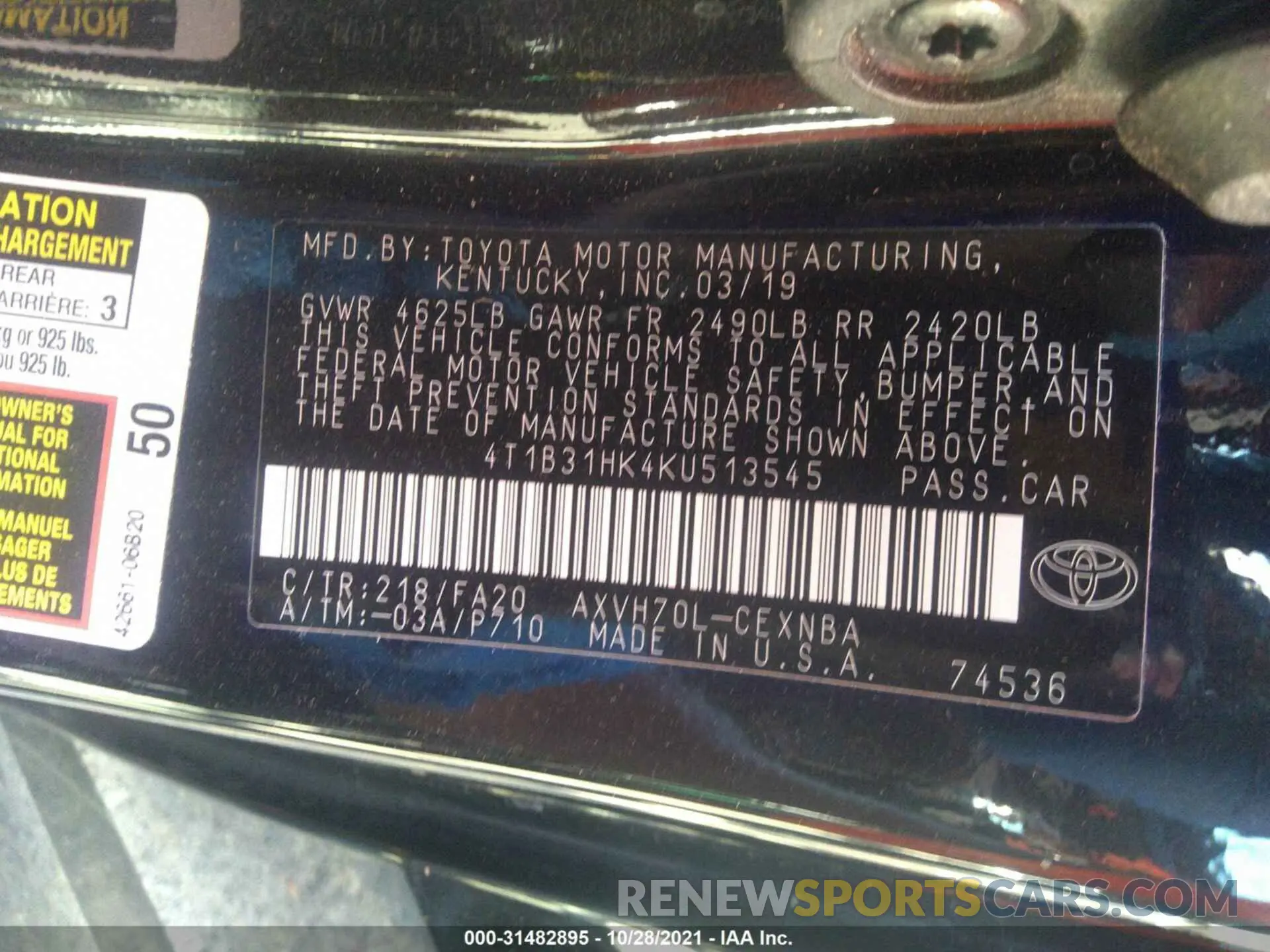 9 fotografías del automóvil dañado 4T1B31HK4KU513545 TOYOTA CAMRY 2019