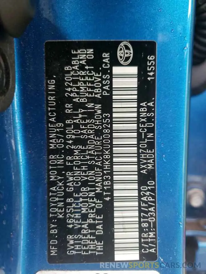 12 fotografías del automóvil dañado 4T1B31HK8KU008253 TOYOTA CAMRY 2019