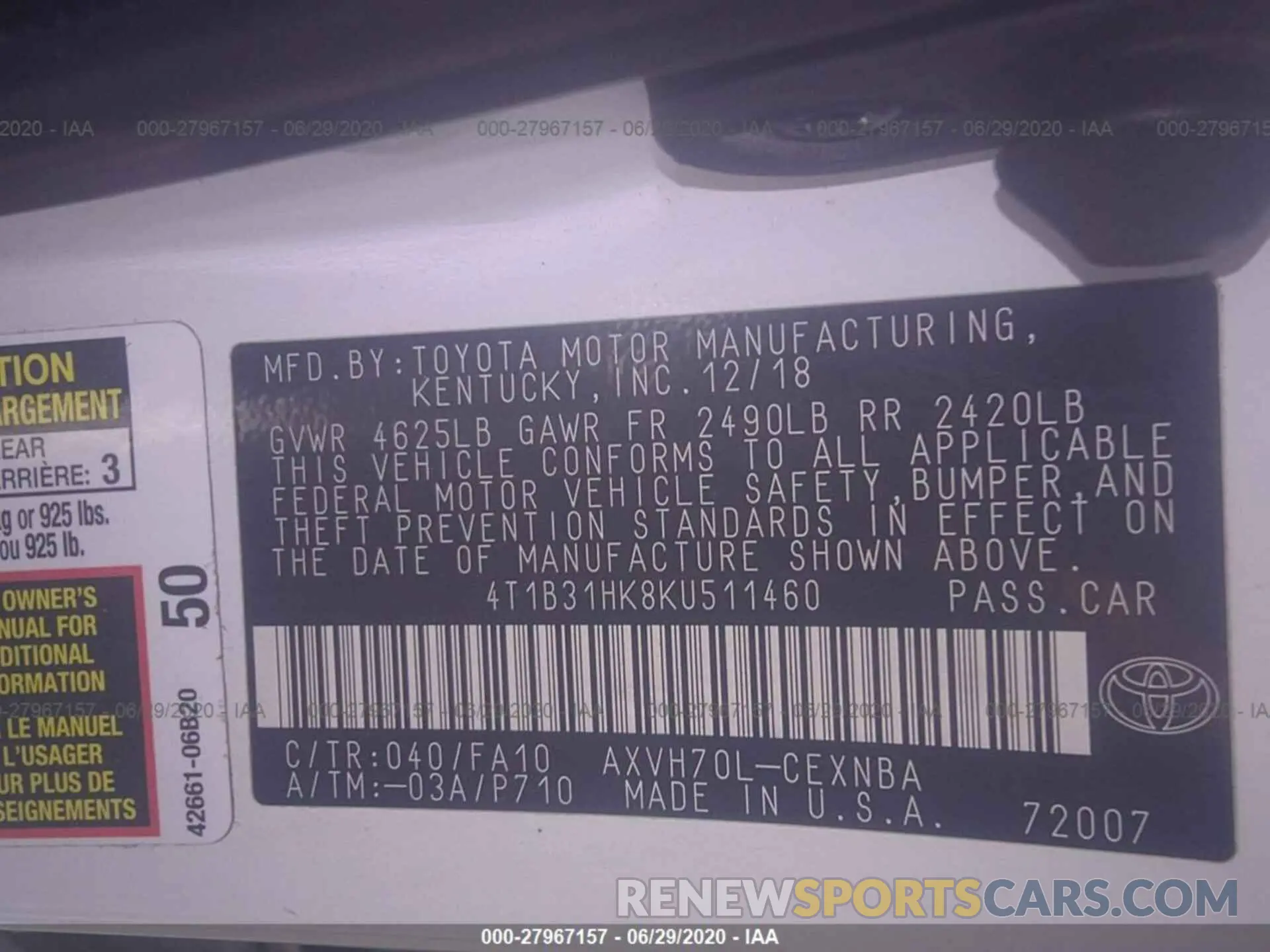9 fotografías del automóvil dañado 4T1B31HK8KU511460 TOYOTA CAMRY 2019