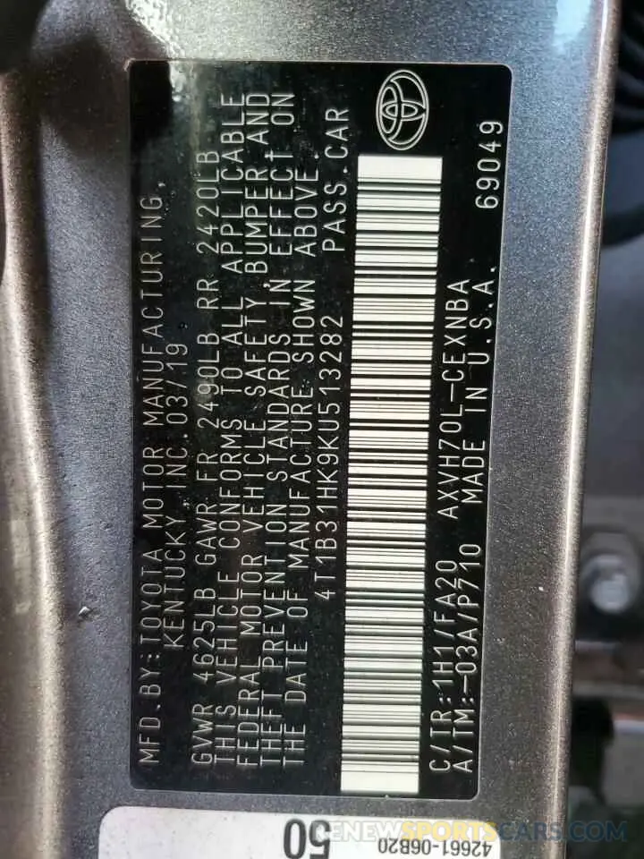 13 fotografías del automóvil dañado 4T1B31HK9KU513282 TOYOTA CAMRY 2019