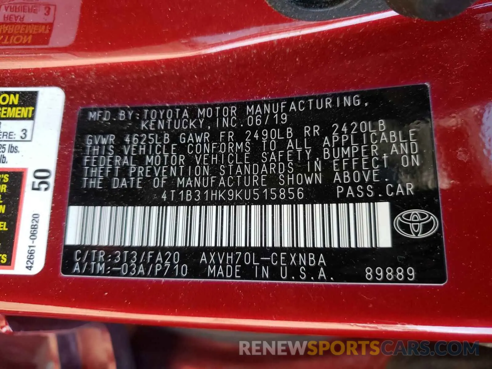 10 fotografías del automóvil dañado 4T1B31HK9KU515856 TOYOTA CAMRY 2019