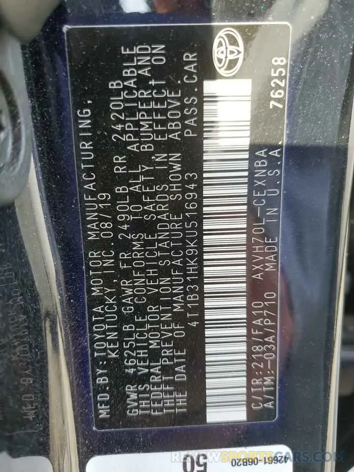 12 fotografías del automóvil dañado 4T1B31HK9KU516943 TOYOTA CAMRY 2019