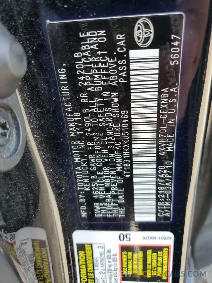 15 fotografías del automóvil dañado 4T1B31HKXKU510469 TOYOTA CAMRY 2019