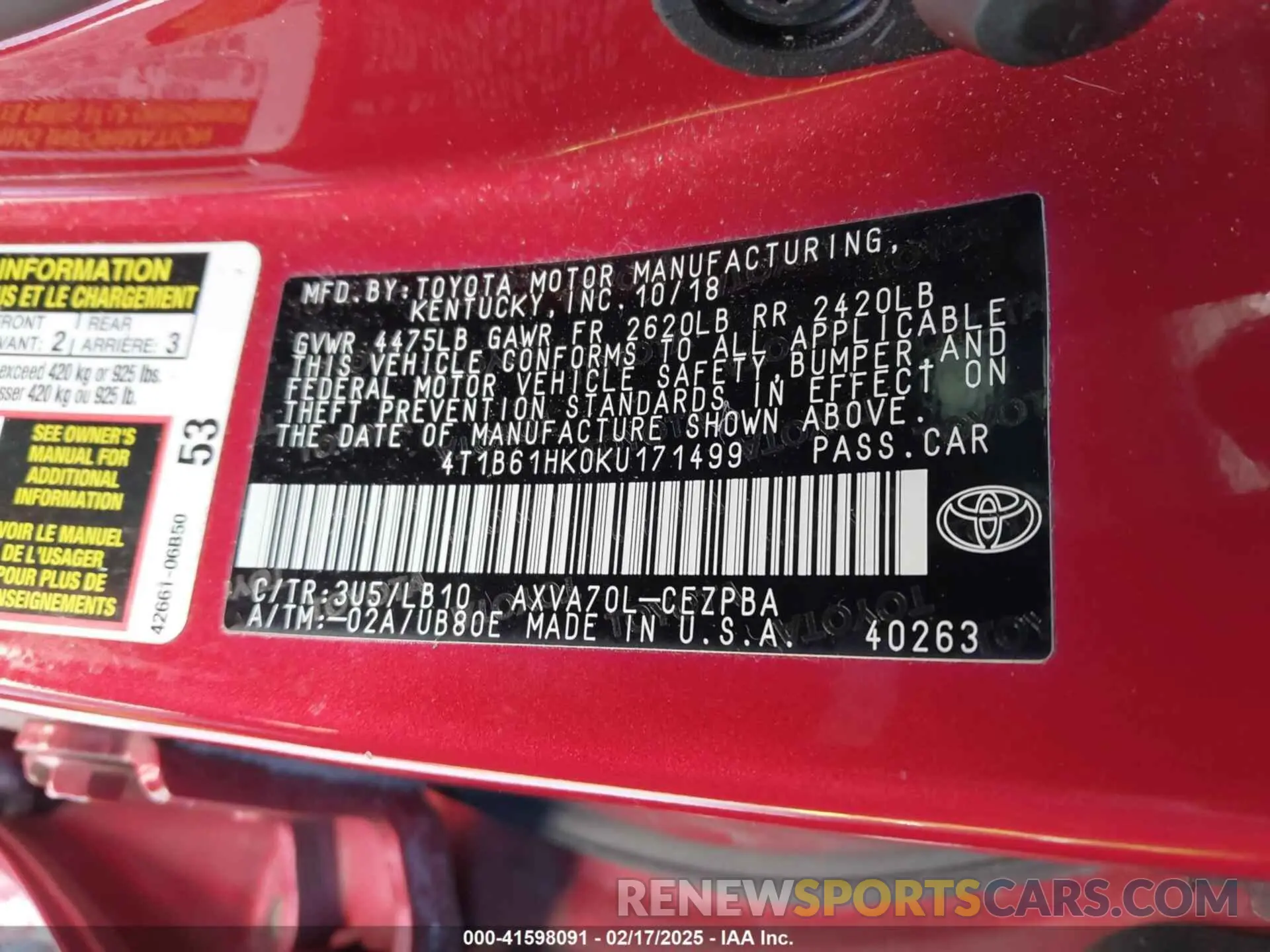 9 fotografías del automóvil dañado 4T1B61HK0KU171499 TOYOTA CAMRY 2019