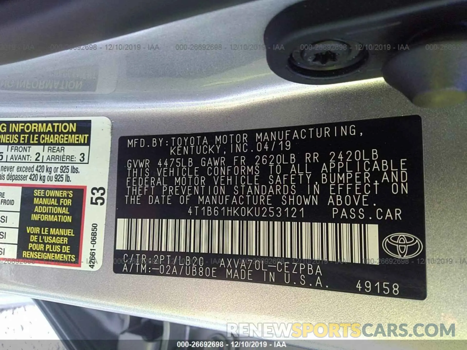 9 fotografías del automóvil dañado 4T1B61HK0KU253121 TOYOTA CAMRY 2019