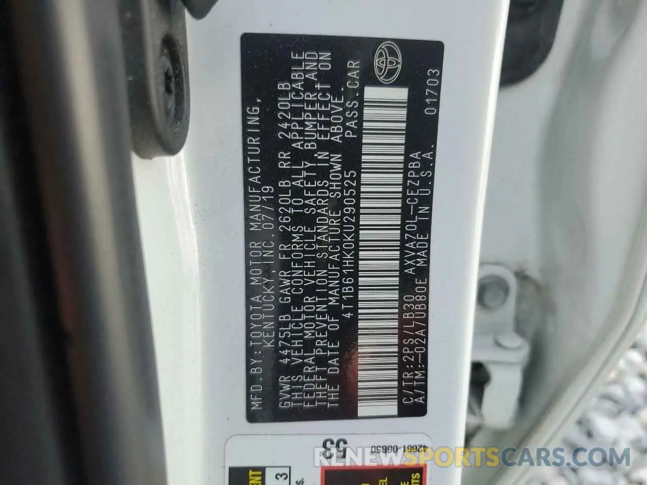 12 fotografías del automóvil dañado 4T1B61HK0KU290525 TOYOTA CAMRY 2019