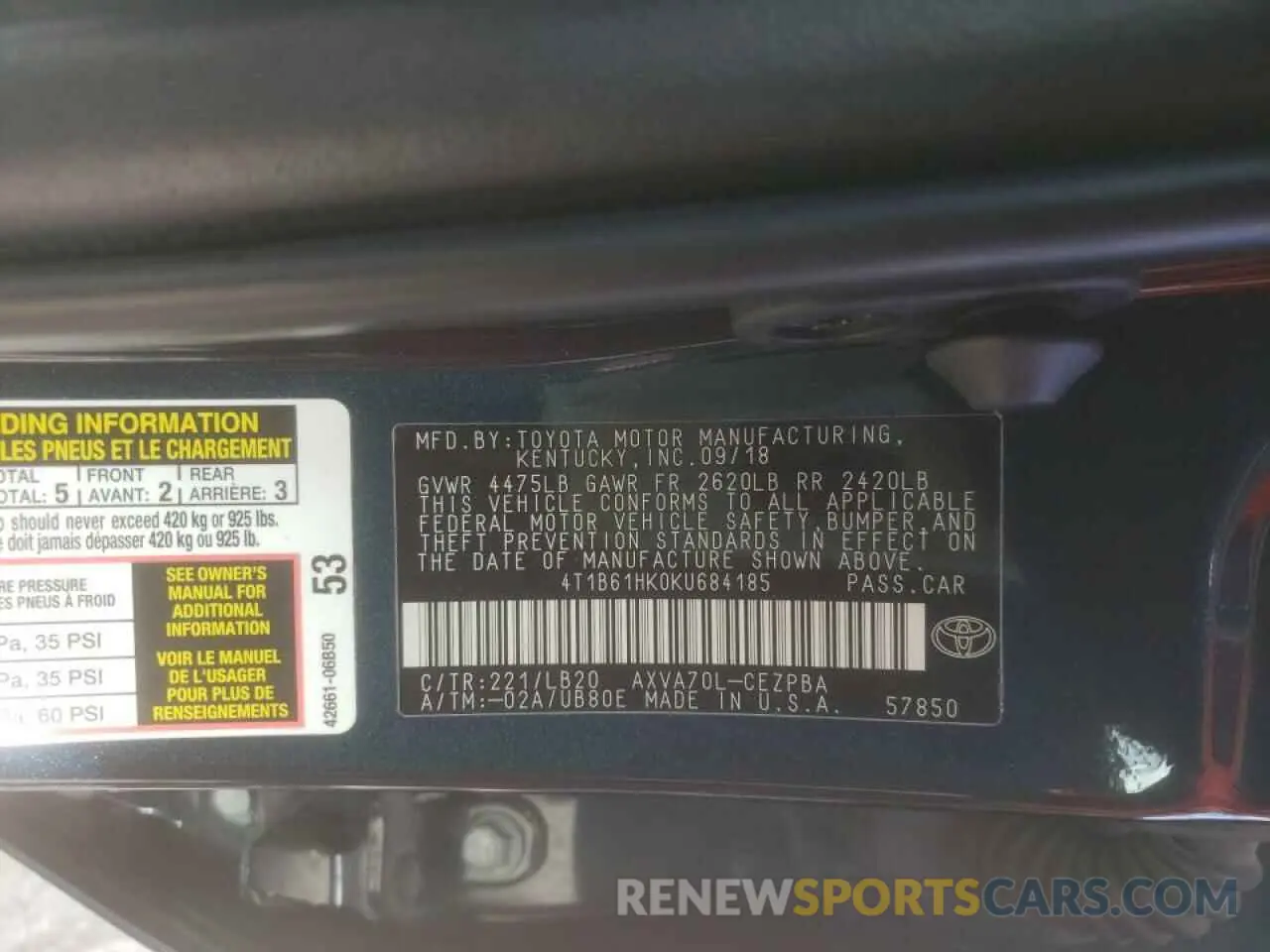 10 fotografías del automóvil dañado 4T1B61HK0KU684185 TOYOTA CAMRY 2019