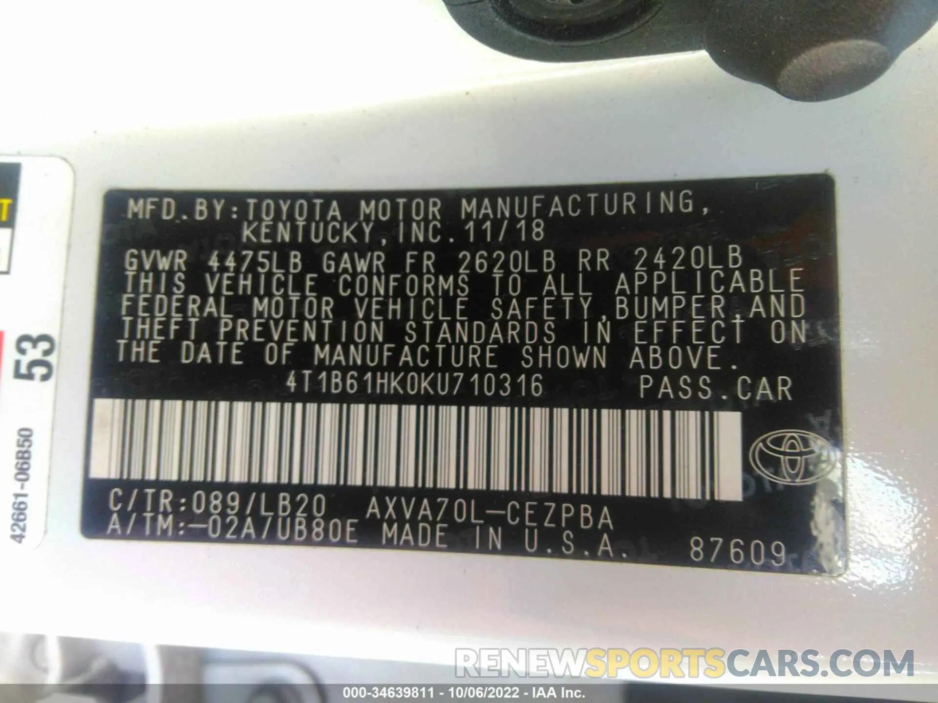 9 fotografías del automóvil dañado 4T1B61HK0KU710316 TOYOTA CAMRY 2019