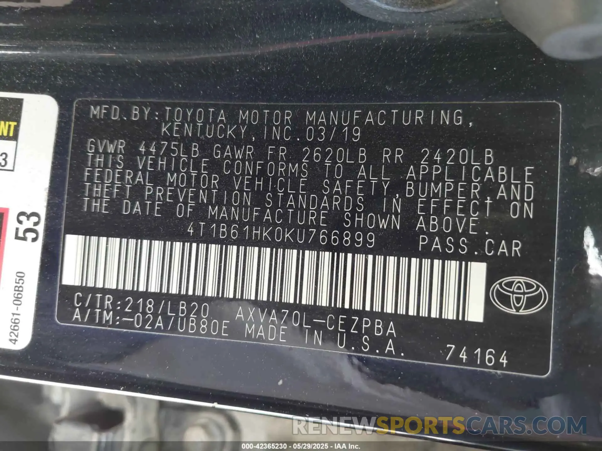 9 fotografías del automóvil dañado 4T1B61HK0KU766899 TOYOTA CAMRY 2019