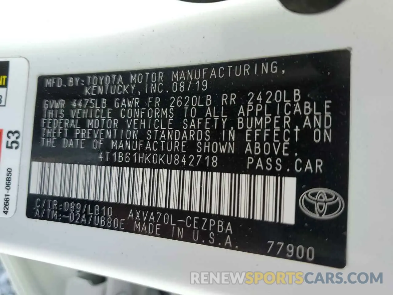 12 fotografías del automóvil dañado 4T1B61HK0KU842718 TOYOTA CAMRY 2019