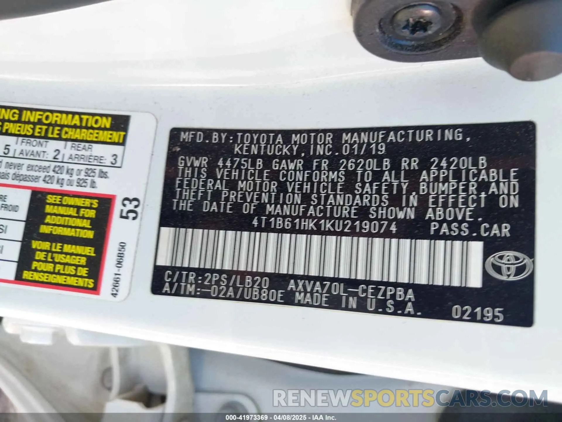 9 fotografías del automóvil dañado 4T1B61HK1KU219074 TOYOTA CAMRY 2019