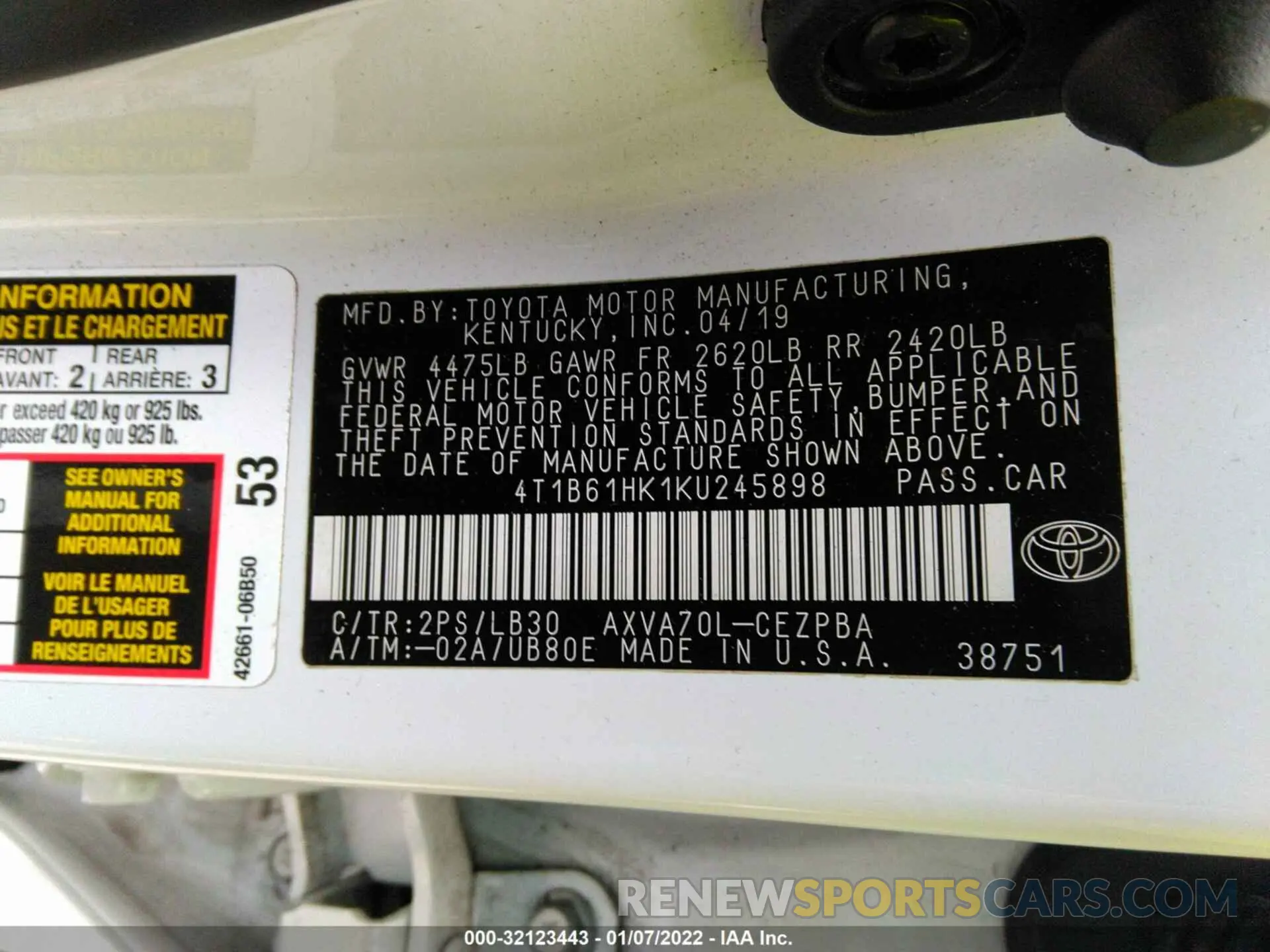 9 fotografías del automóvil dañado 4T1B61HK1KU245898 TOYOTA CAMRY 2019