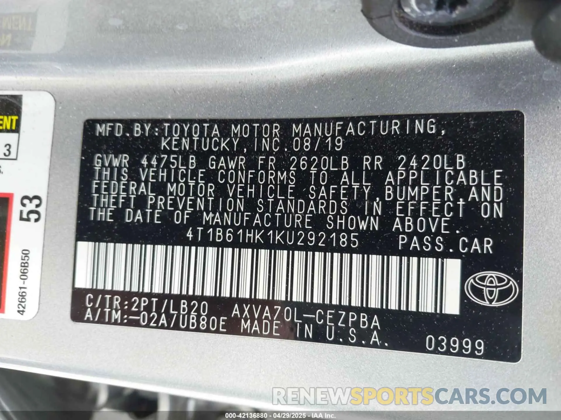 9 fotografías del automóvil dañado 4T1B61HK1KU292185 TOYOTA CAMRY 2019