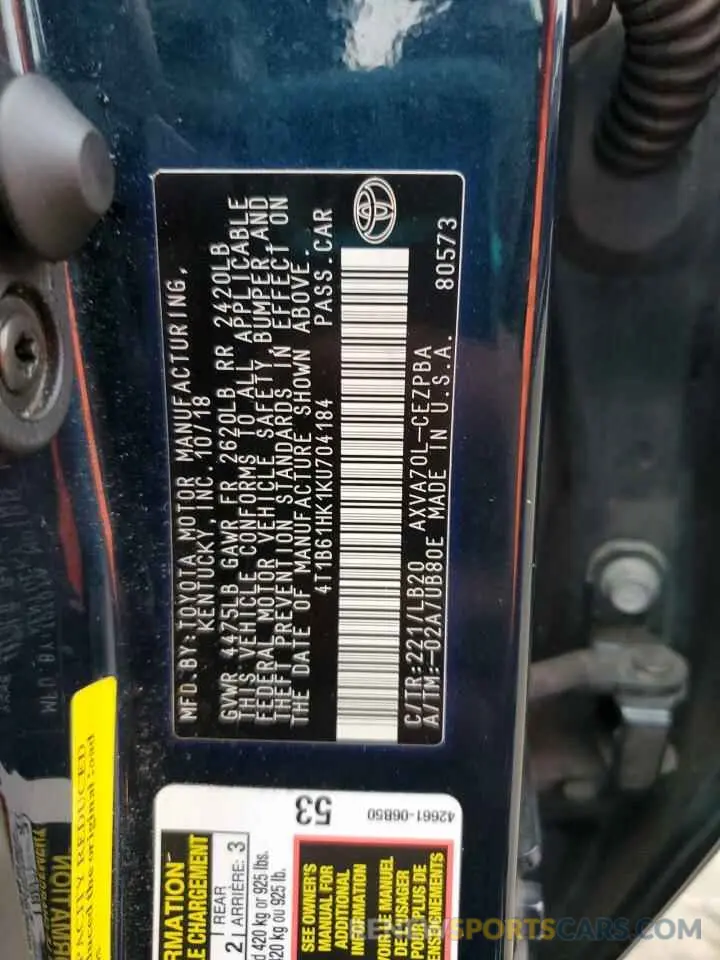 12 fotografías del automóvil dañado 4T1B61HK1KU704184 TOYOTA CAMRY 2019