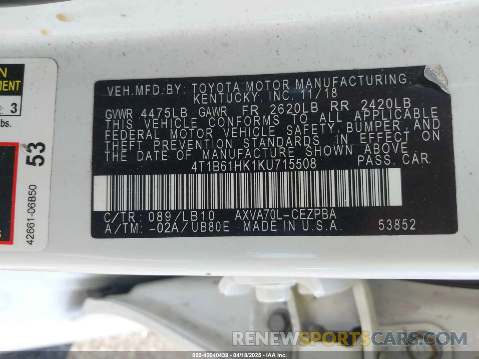 9 fotografías del automóvil dañado 4T1B61HK1KU715508 TOYOTA CAMRY 2019