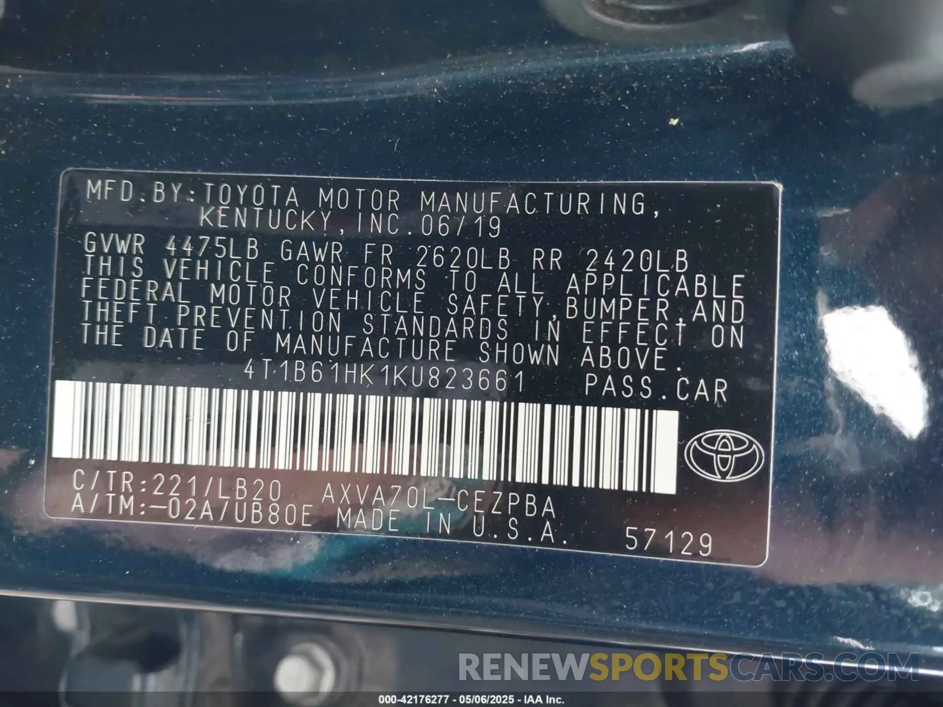 9 fotografías del automóvil dañado 4T1B61HK1KU823661 TOYOTA CAMRY 2019