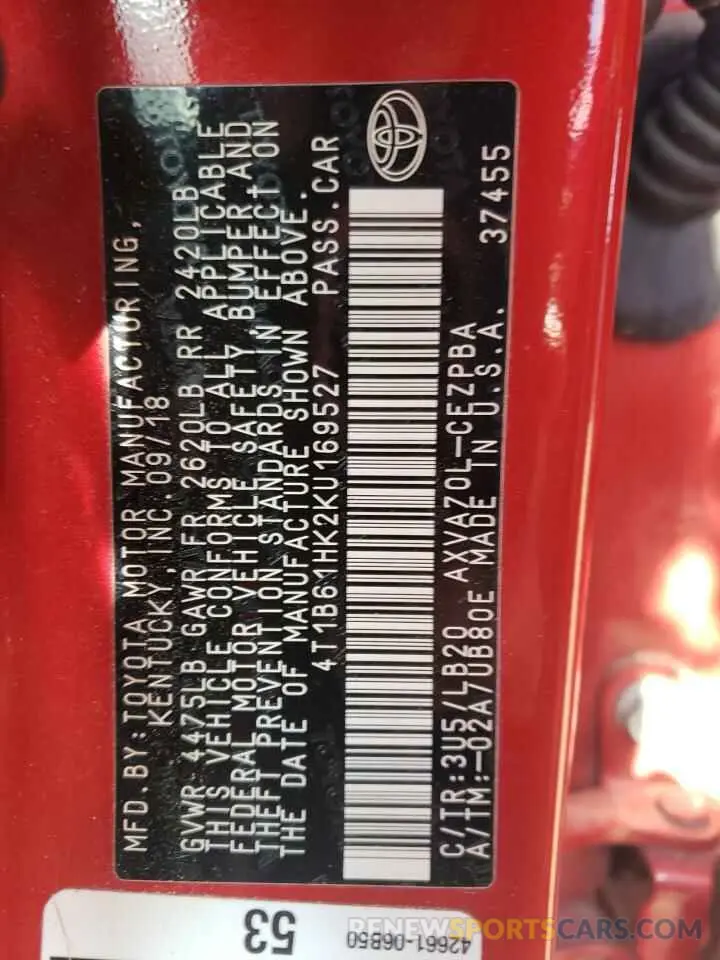 12 fotografías del automóvil dañado 4T1B61HK2KU169527 TOYOTA CAMRY 2019