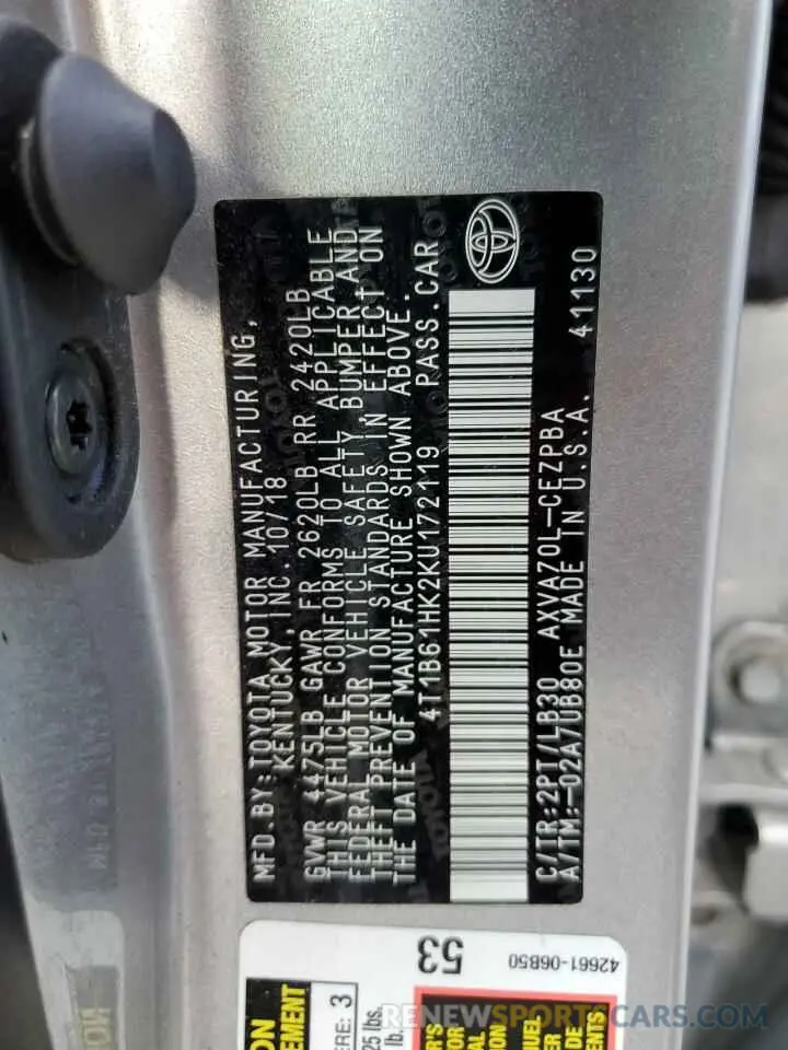 12 fotografías del automóvil dañado 4T1B61HK2KU172119 TOYOTA CAMRY 2019