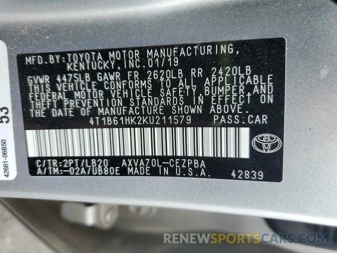 12 fotografías del automóvil dañado 4T1B61HK2KU211579 TOYOTA CAMRY 2019