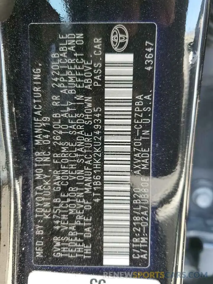 13 fotografías del automóvil dañado 4T1B61HK2KU249345 TOYOTA CAMRY 2019