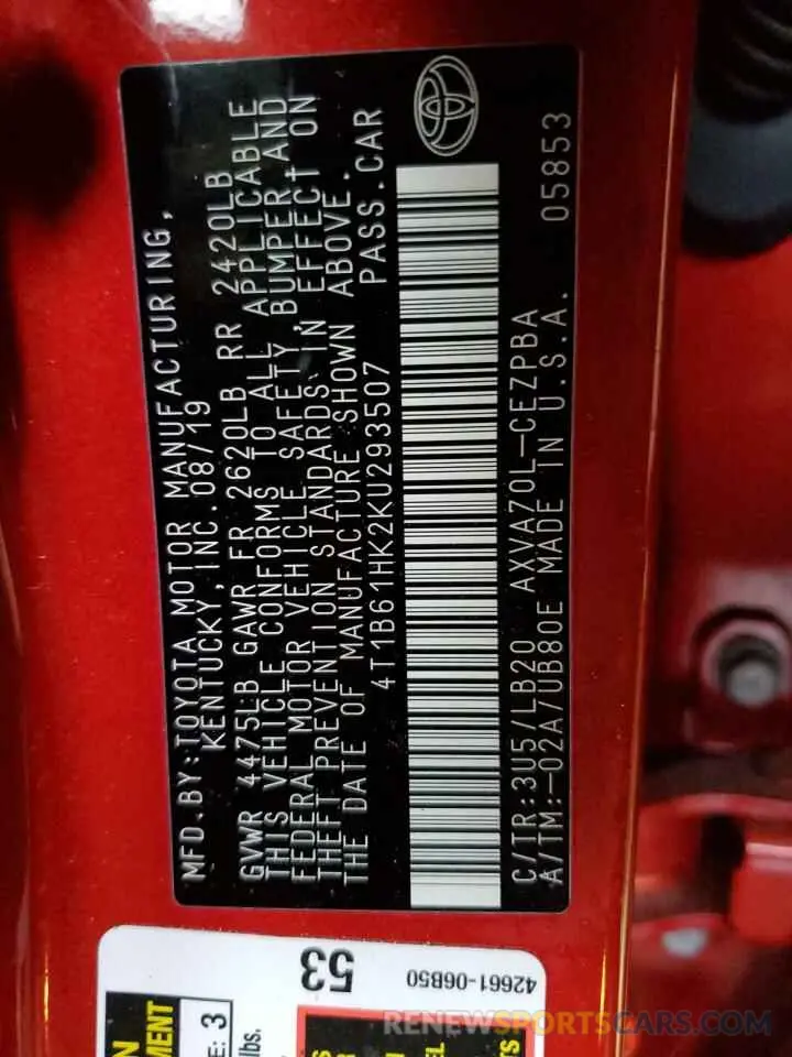 13 fotografías del automóvil dañado 4T1B61HK2KU293507 TOYOTA CAMRY 2019