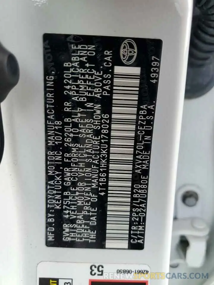 12 fotografías del automóvil dañado 4T1B61HK3KU178026 TOYOTA CAMRY 2019