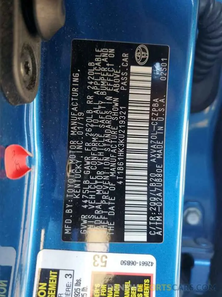 12 fotografías del automóvil dañado 4T1B61HK3KU219321 TOYOTA CAMRY 2019