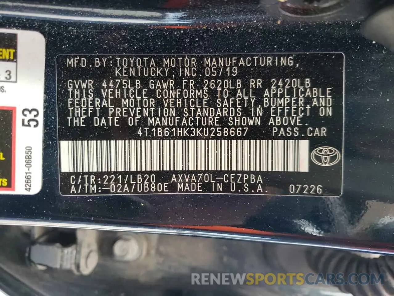 10 fotografías del automóvil dañado 4T1B61HK3KU258667 TOYOTA CAMRY 2019