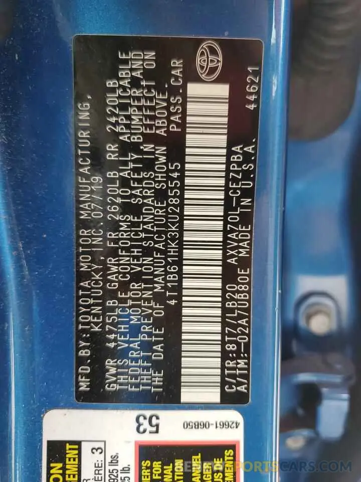 12 fotografías del automóvil dañado 4T1B61HK3KU285545 TOYOTA CAMRY 2019