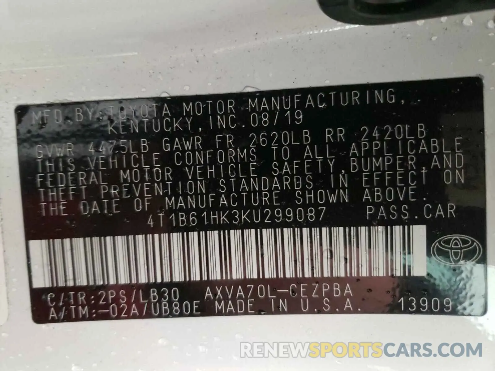 10 fotografías del automóvil dañado 4T1B61HK3KU299087 TOYOTA CAMRY 2019