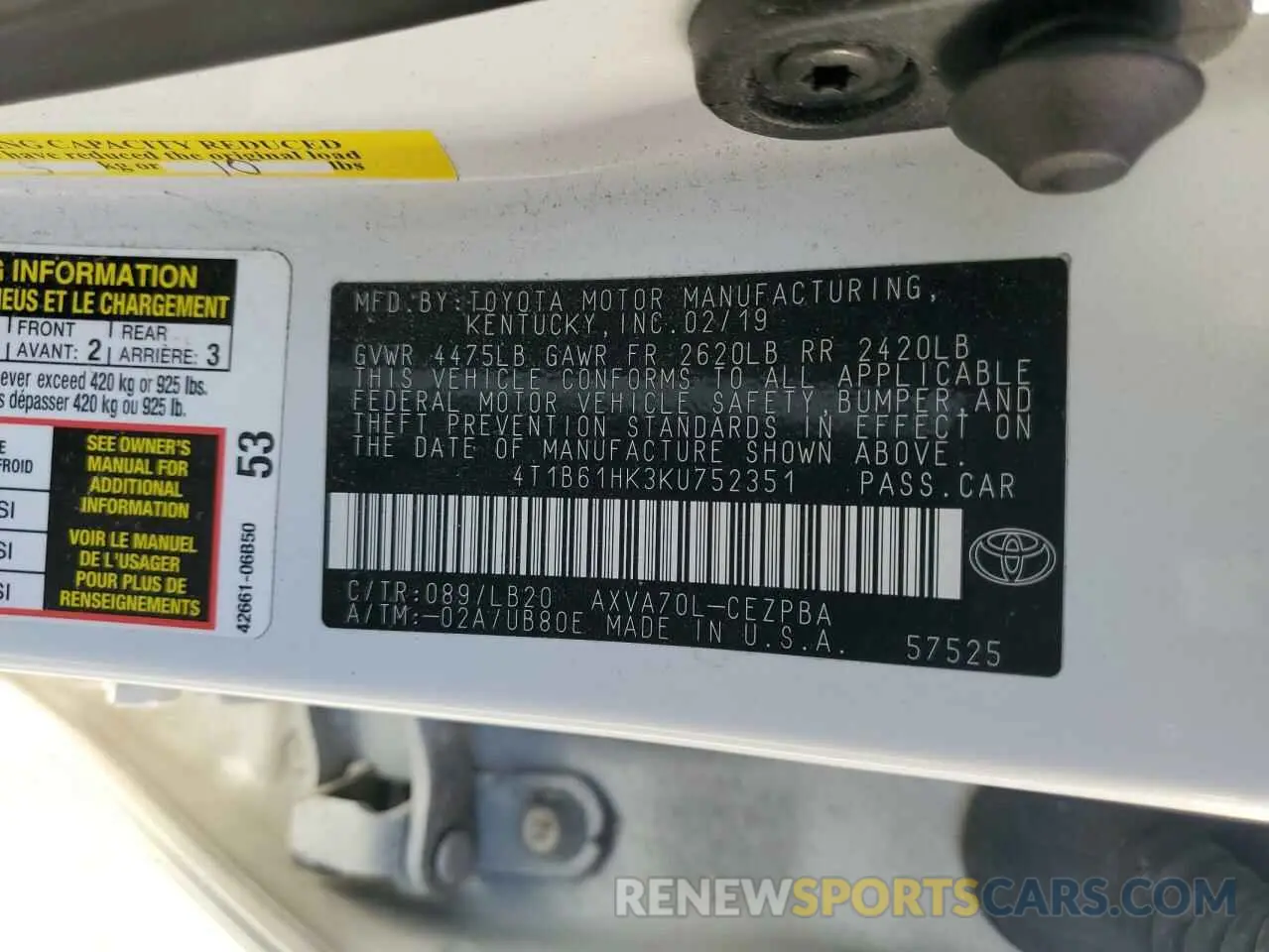 12 fotografías del automóvil dañado 4T1B61HK3KU752351 TOYOTA CAMRY 2019