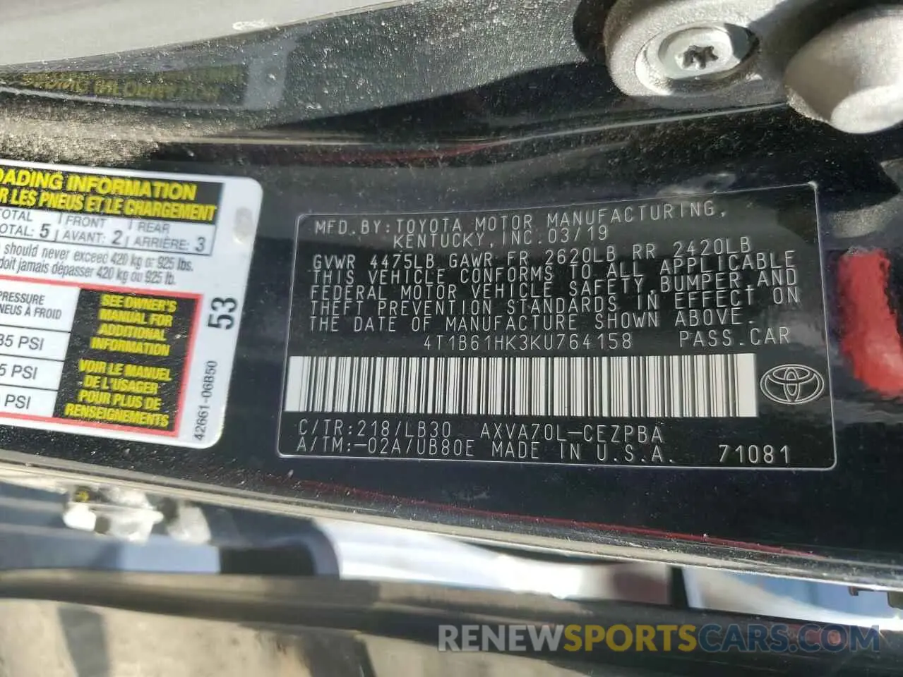 12 fotografías del automóvil dañado 4T1B61HK3KU764158 TOYOTA CAMRY 2019