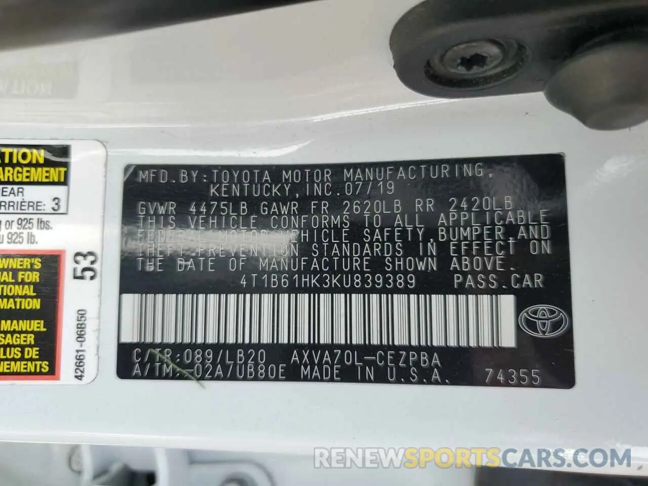 15 fotografías del automóvil dañado 4T1B61HK3KU839389 TOYOTA CAMRY 2019