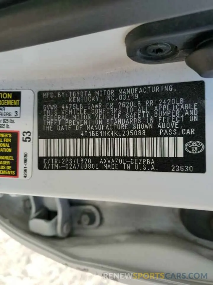13 fotografías del automóvil dañado 4T1B61HK4KU235088 TOYOTA CAMRY 2019