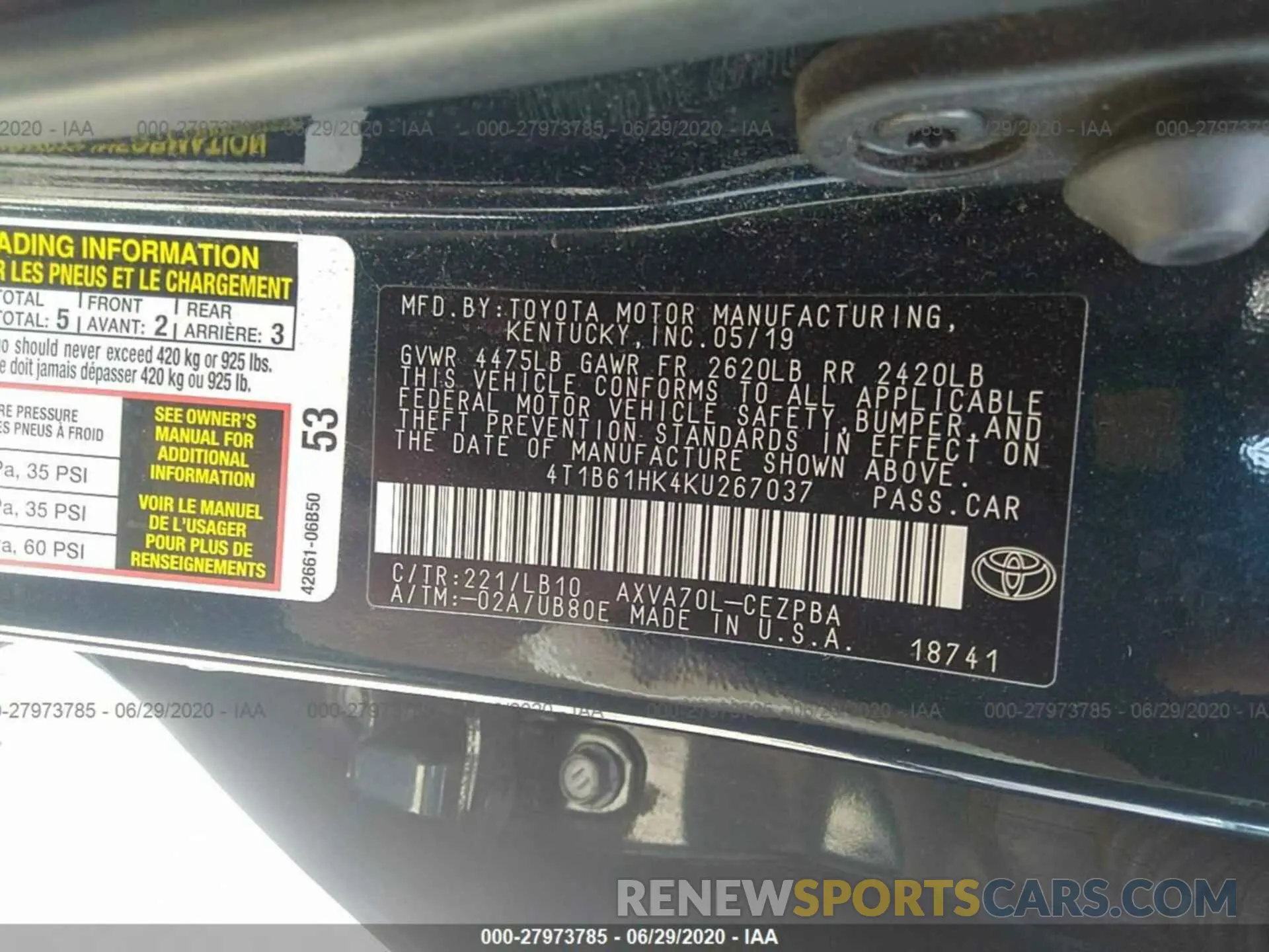 9 fotografías del automóvil dañado 4T1B61HK4KU267037 TOYOTA CAMRY 2019