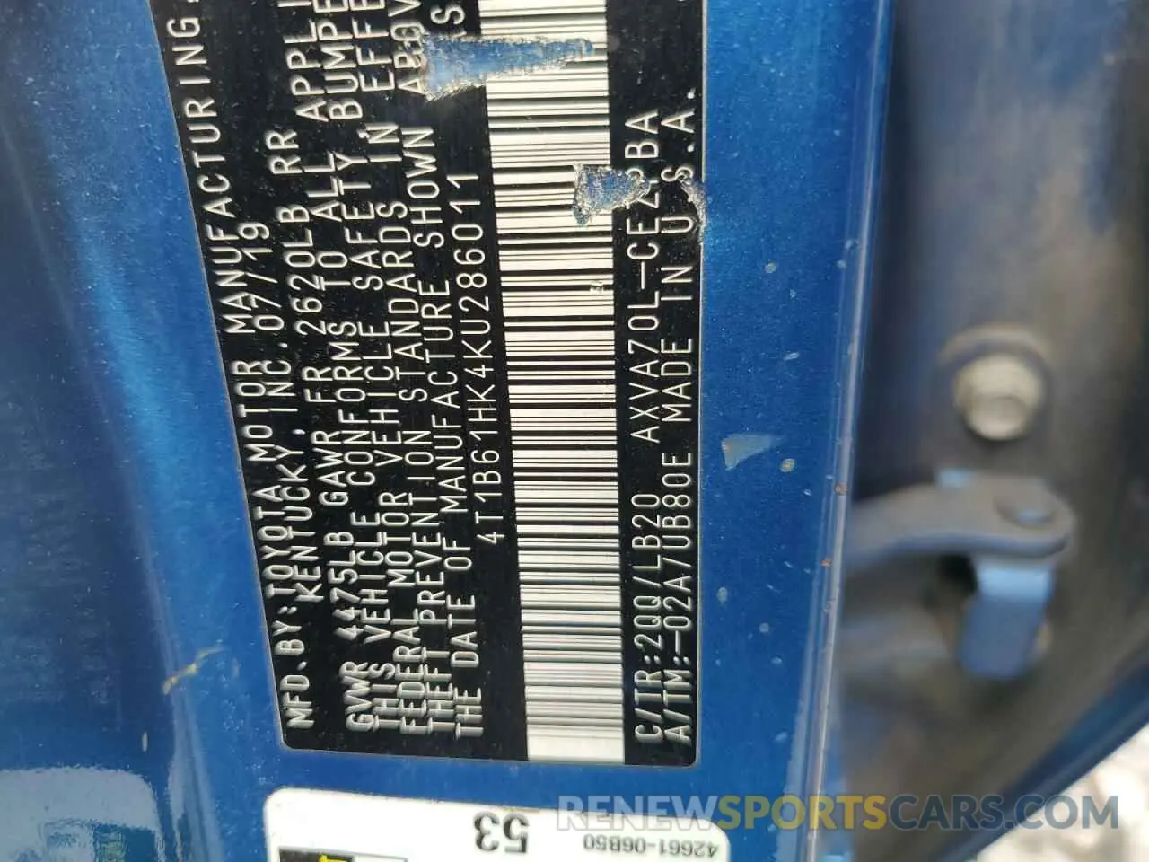 12 fotografías del automóvil dañado 4T1B61HK4KU286011 TOYOTA CAMRY 2019
