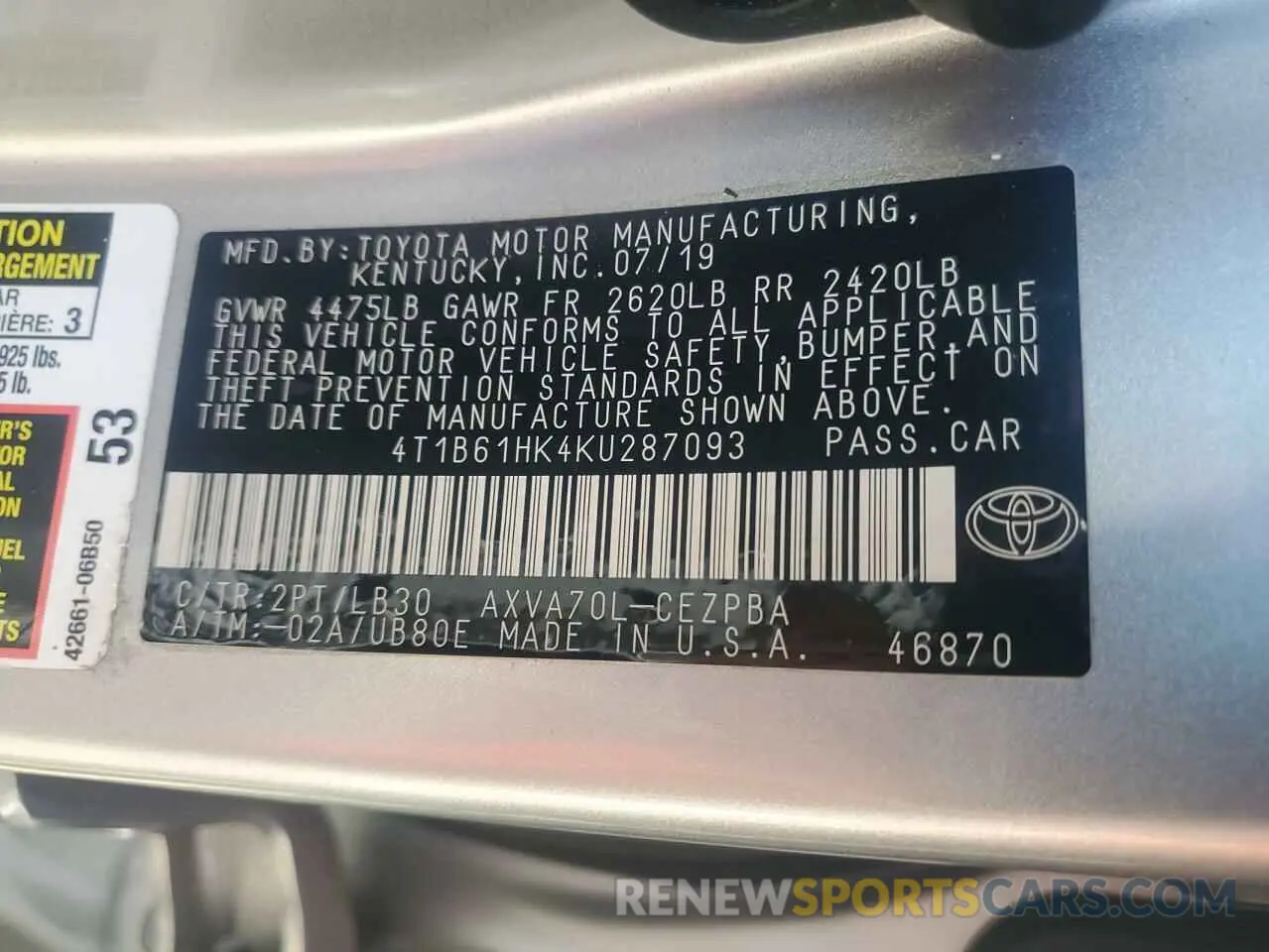 12 fotografías del automóvil dañado 4T1B61HK4KU287093 TOYOTA CAMRY 2019