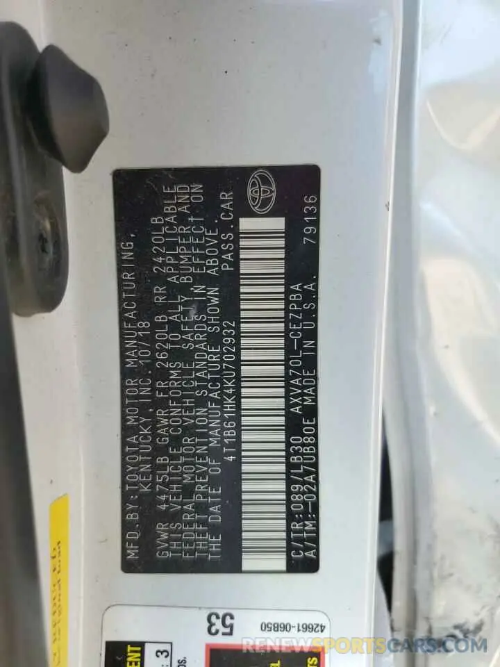 12 fotografías del automóvil dañado 4T1B61HK4KU702932 TOYOTA CAMRY 2019