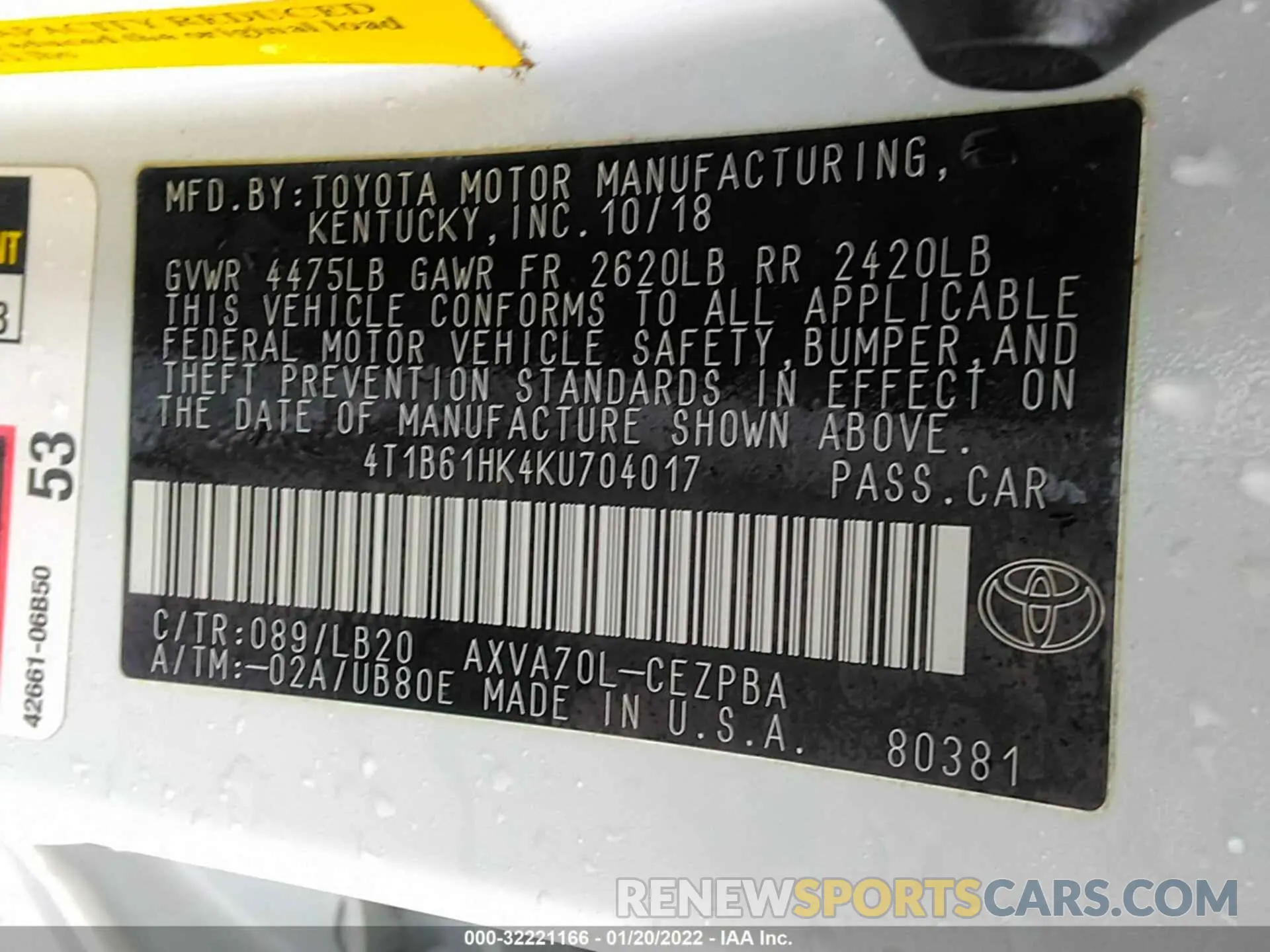 9 fotografías del automóvil dañado 4T1B61HK4KU704017 TOYOTA CAMRY 2019