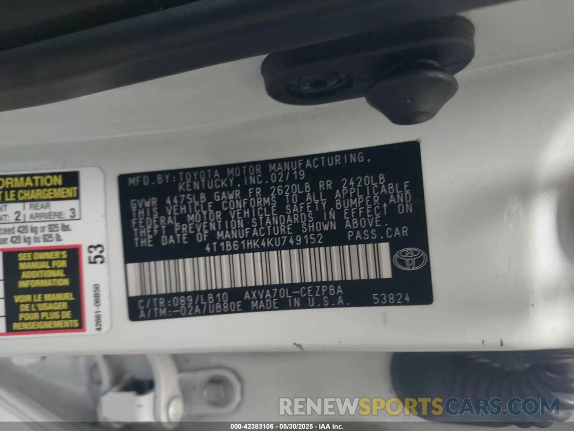 9 fotografías del automóvil dañado 4T1B61HK4KU749152 TOYOTA CAMRY 2019