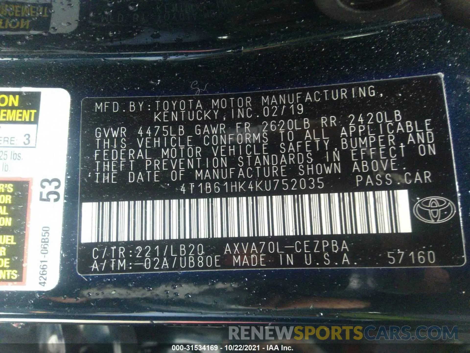 9 fotografías del automóvil dañado 4T1B61HK4KU752035 TOYOTA CAMRY 2019