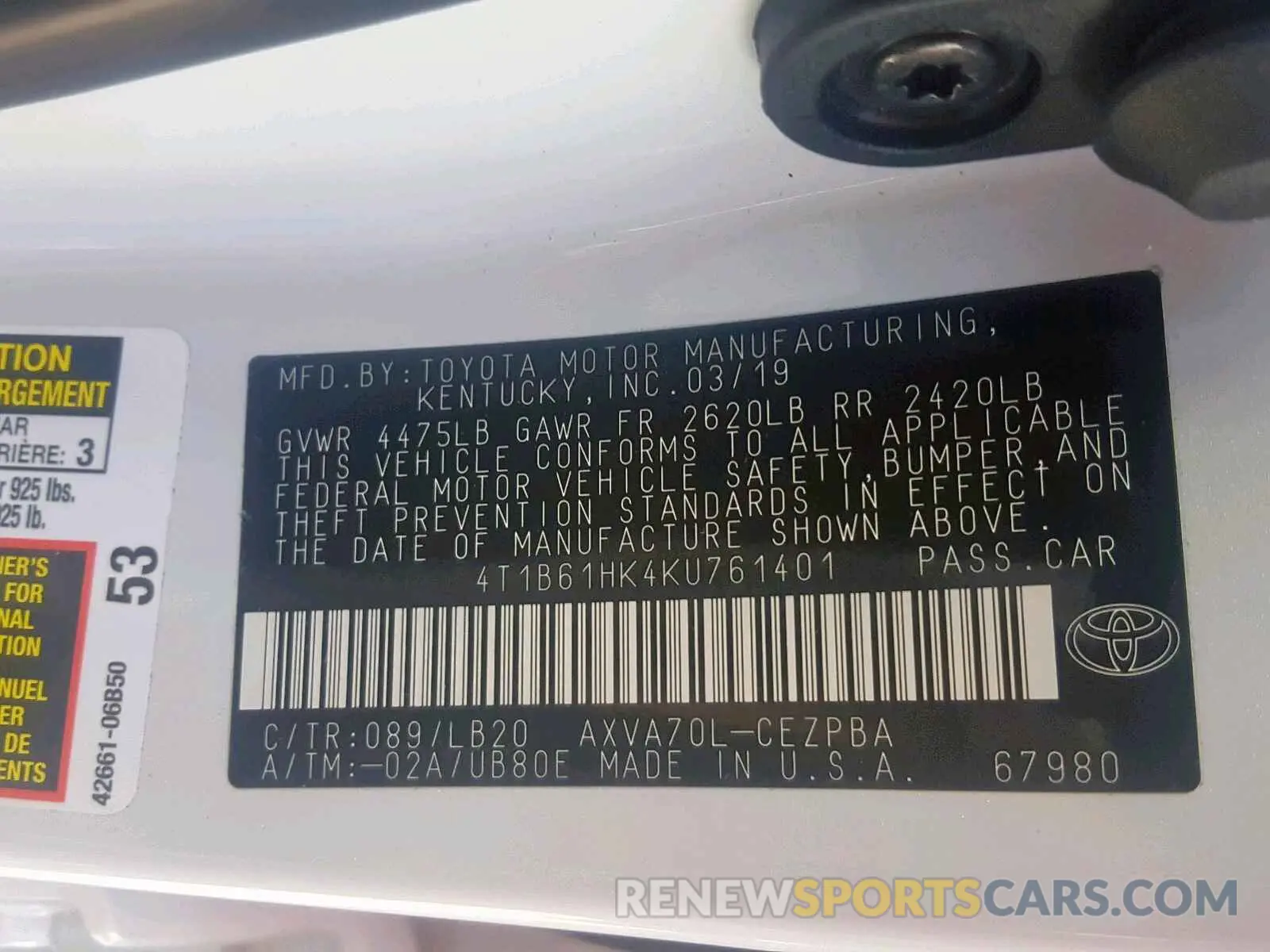 10 fotografías del automóvil dañado 4T1B61HK4KU761401 TOYOTA CAMRY 2019