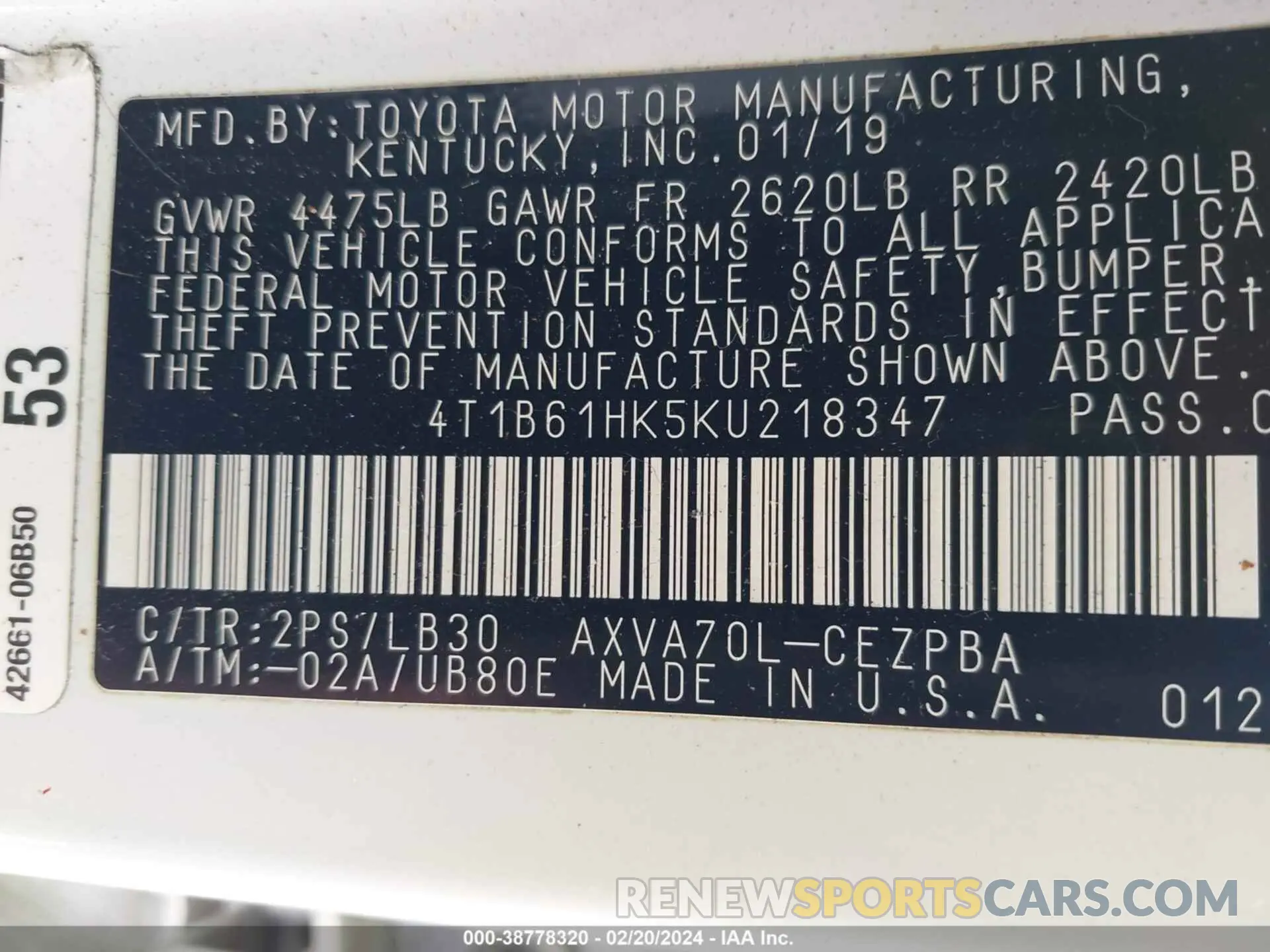 9 fotografías del automóvil dañado 4T1B61HK5KU218347 TOYOTA CAMRY 2019