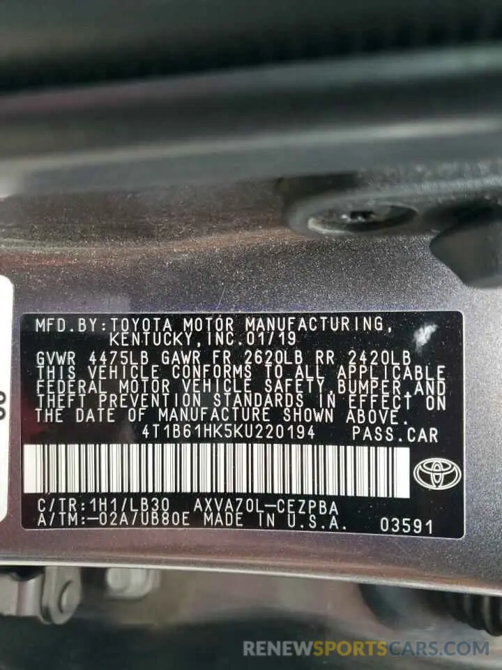 12 fotografías del automóvil dañado 4T1B61HK5KU220194 TOYOTA CAMRY 2019