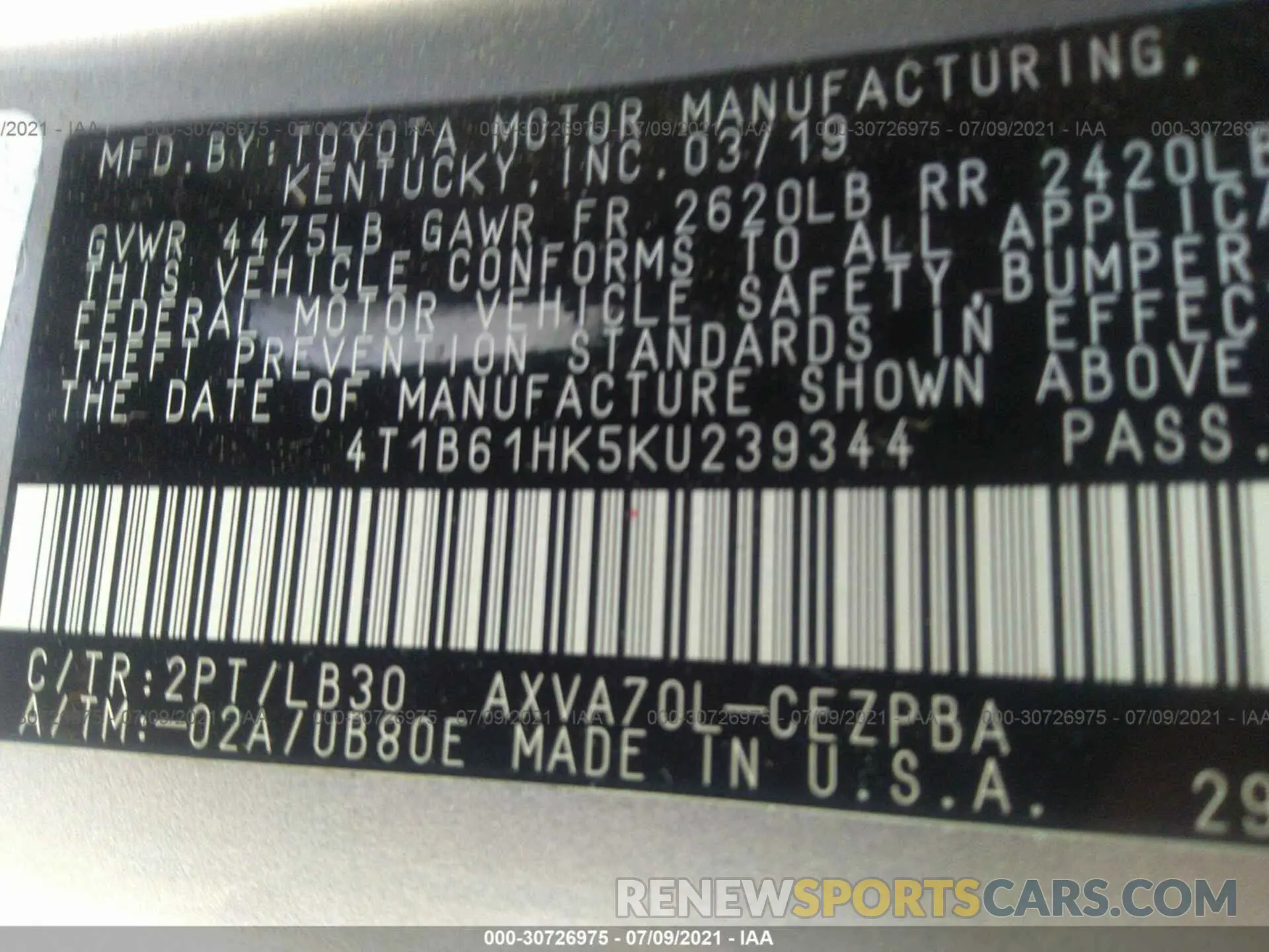 9 fotografías del automóvil dañado 4T1B61HK5KU239344 TOYOTA CAMRY 2019