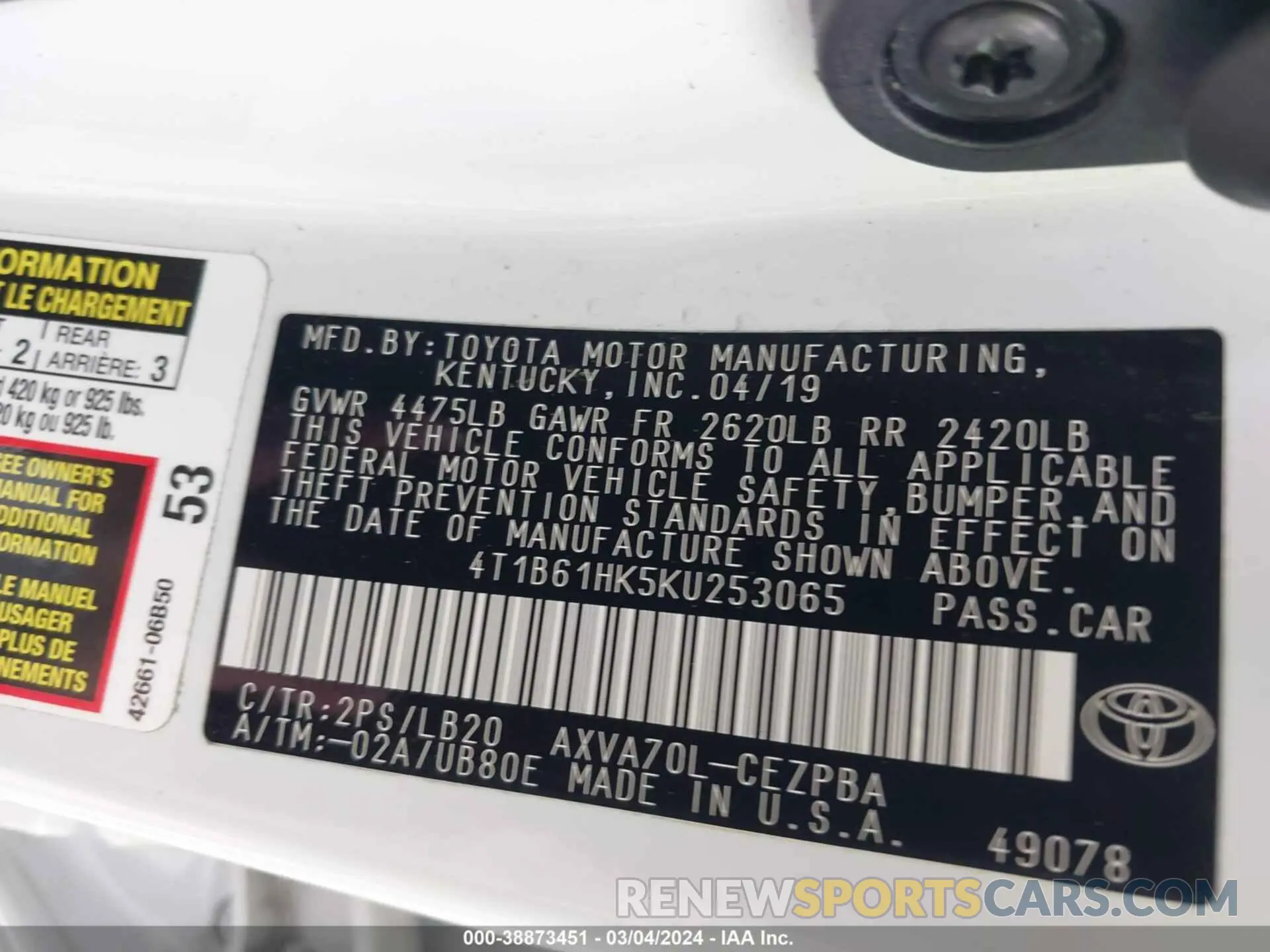 9 fotografías del automóvil dañado 4T1B61HK5KU253065 TOYOTA CAMRY 2019